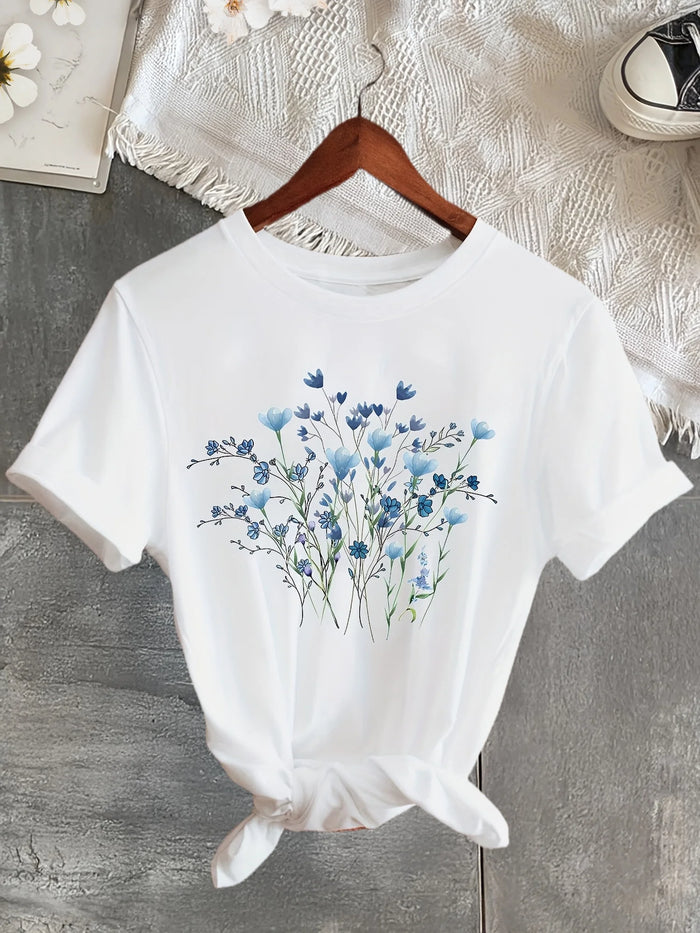 2026 Spring Summer New Women's Round Neck Floral Print Cool Fashion Short Sleeve Casual T-Shirt 90s Graphic T Shirt Clothes