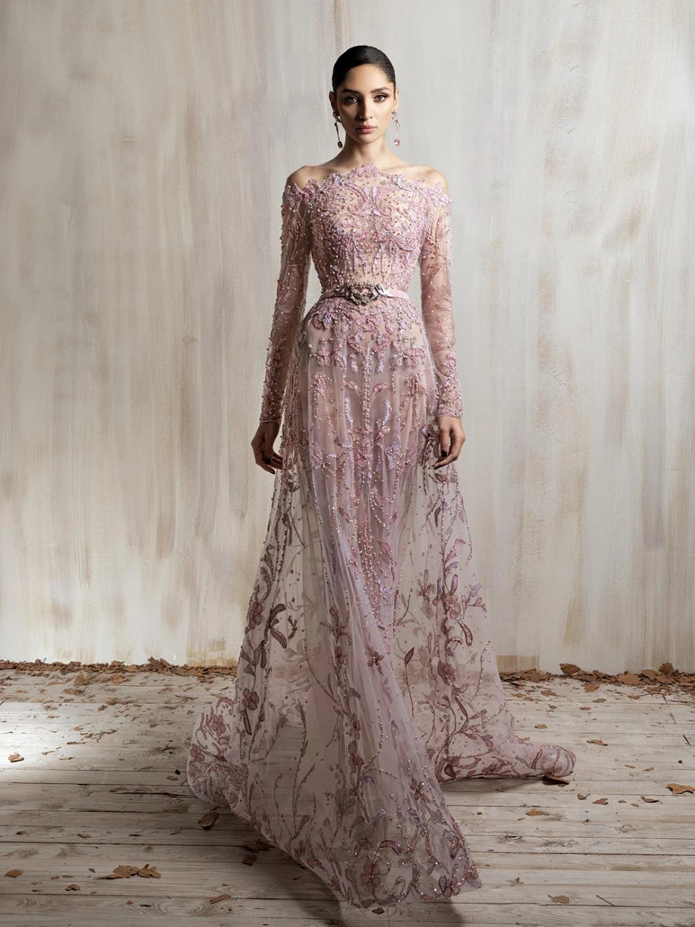 Shiny 3D Floral Embroidered Off Shoulder Long Sleeve Sheer Mesh Gown | Belted Formal Evening Dress