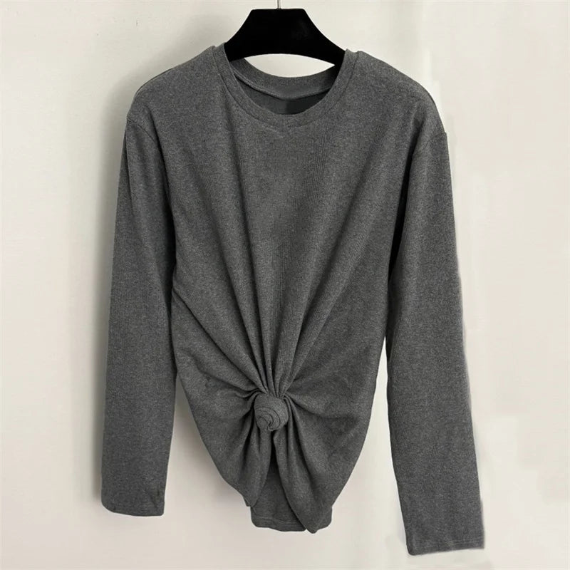 Women's t-shirt 2026 Summer New Stretch Knitted Slimming Women's Long Sleeve Top pure cotton round neck pullover y2k Top women