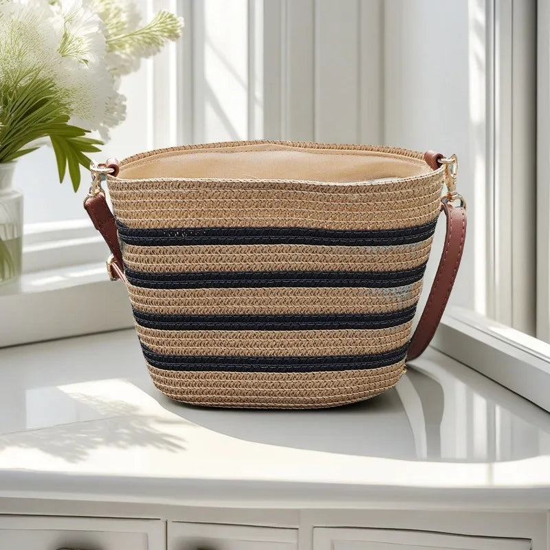 Women's Handwoven Straw Bucket Crossbody Bag | Linen · Striped · Beach · Travel | 4 Colours | Braviixx