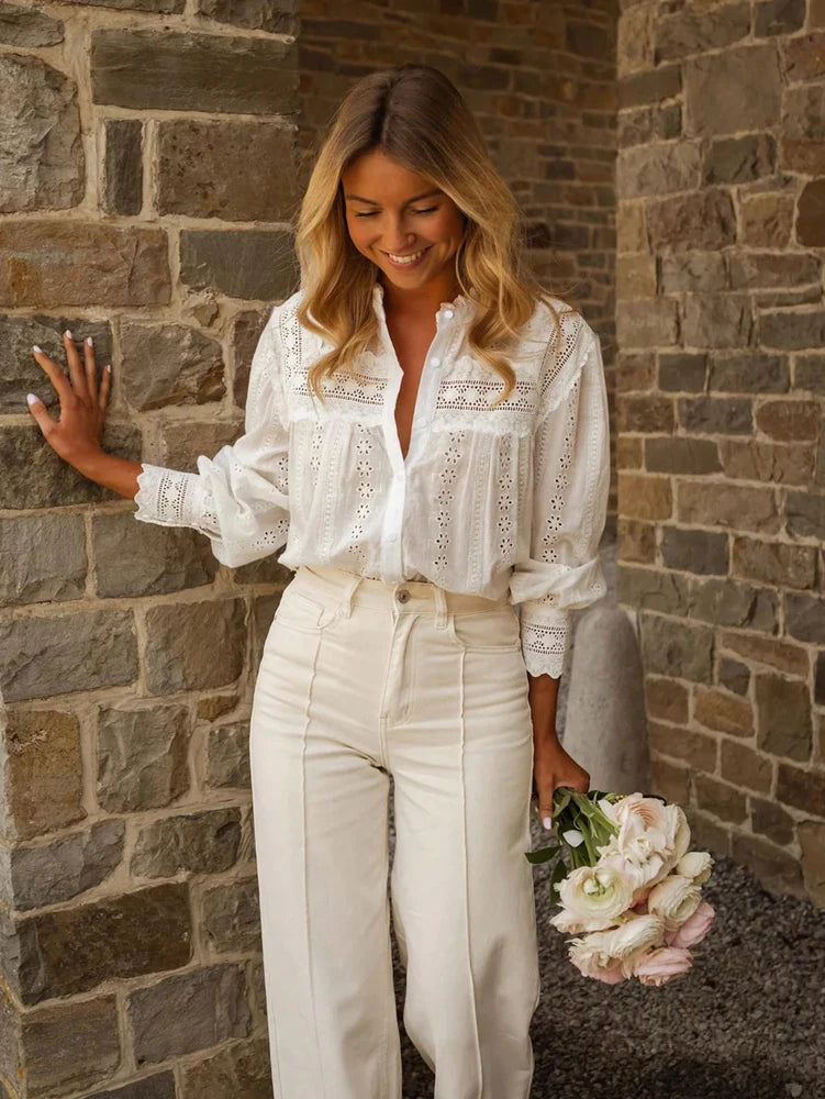 Spring/Summer 2026 New Arrivals European & American Women's Wear Vacation Style Solid-Colour Lace-Up Embroidered Blouse