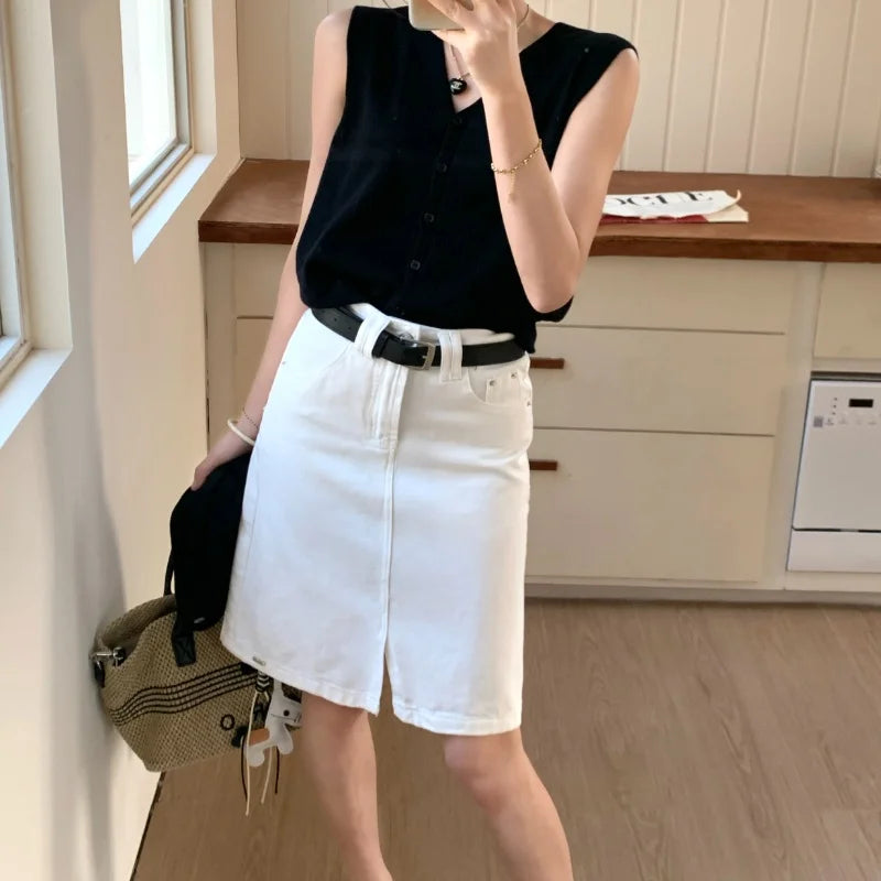 Women's Off White With Belt Denim Mini Skirts Summer 2026 Fashion High Waisted Casual Split A-line Jeans Skirt Female