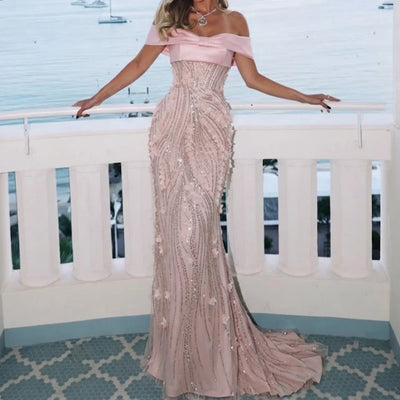 3D Floral Sequin Mermaid Evening Gown | Draped Formal Prom & Wedding Party Dress