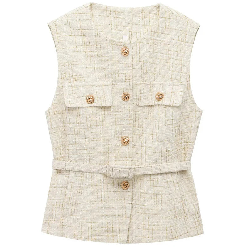 HXAO Women's Vest Summer 2025 Blue Off White Black Vest Textured Waistcoat Woman Button Sleeveless Vest Women Fashion Outerwears