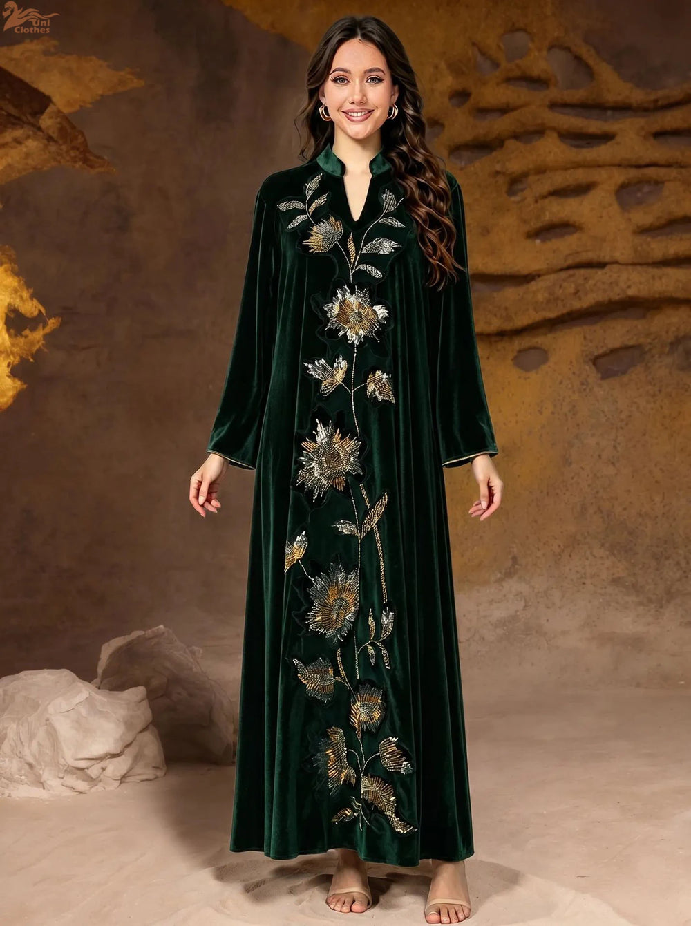 Floral Beaded Velvet Kaftan Dress | Long Sleeves | Braviixx