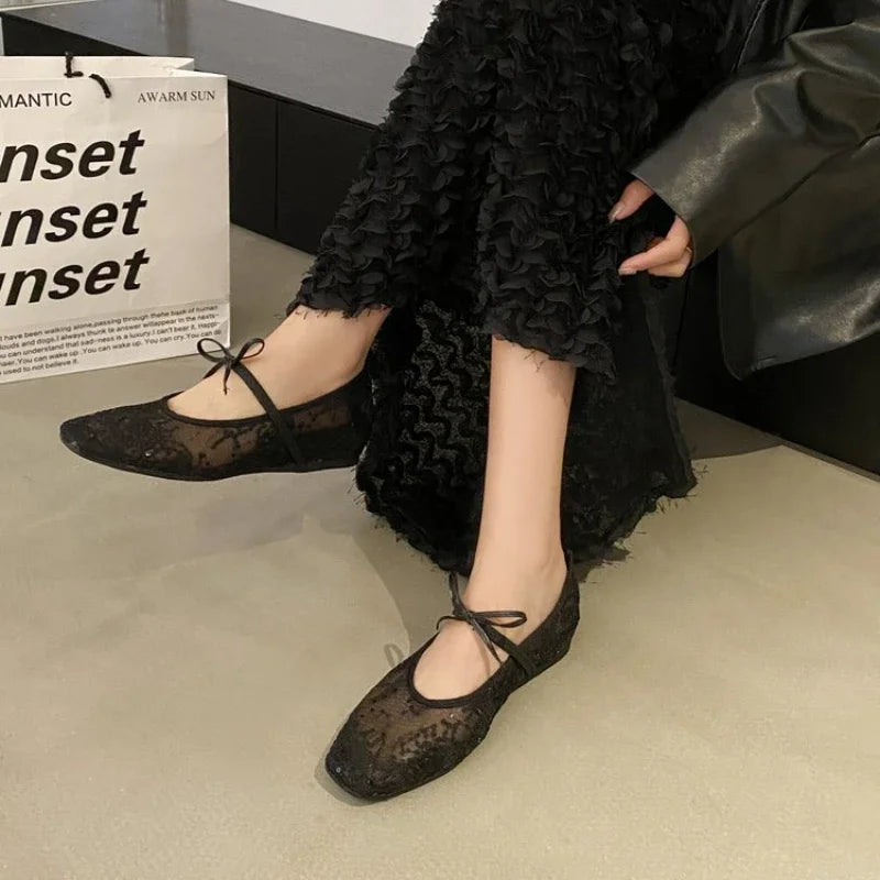 2025 Summer New Women Flats Shoes Square Head Shallow Mouth Women Shoes Fashion Bow Ballet Flat Shoes for Women Zapatos De Mujer