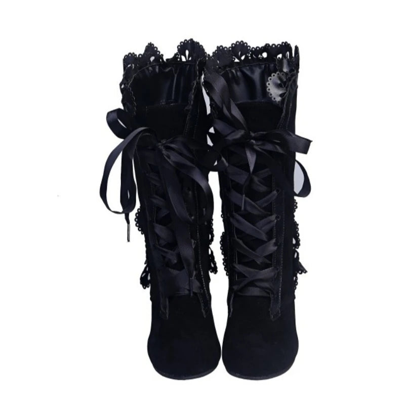 Women's Black Ribbon Lace-Up Boots | Block Heel | Braviixx