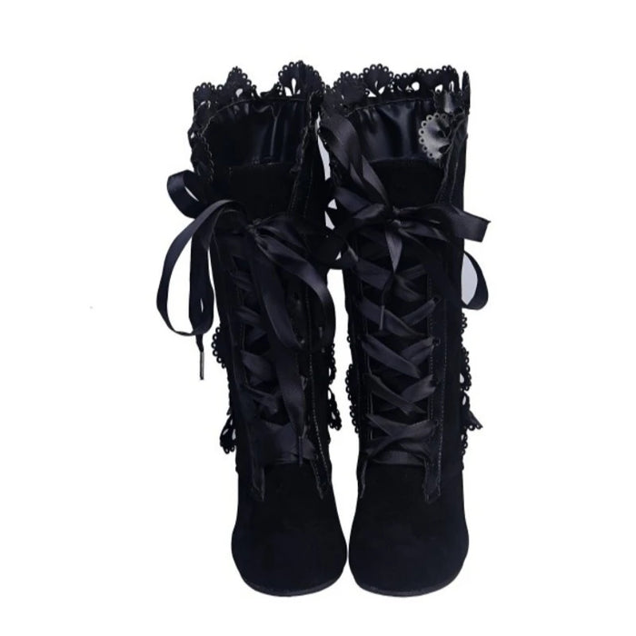 Women's Black Ribbon Lace-Up Boots | Block Heel | Braviixx