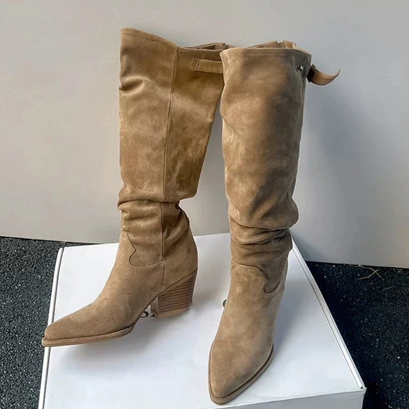 Faux Suede Western Boots | Buckle & Block Heel | Braviixx