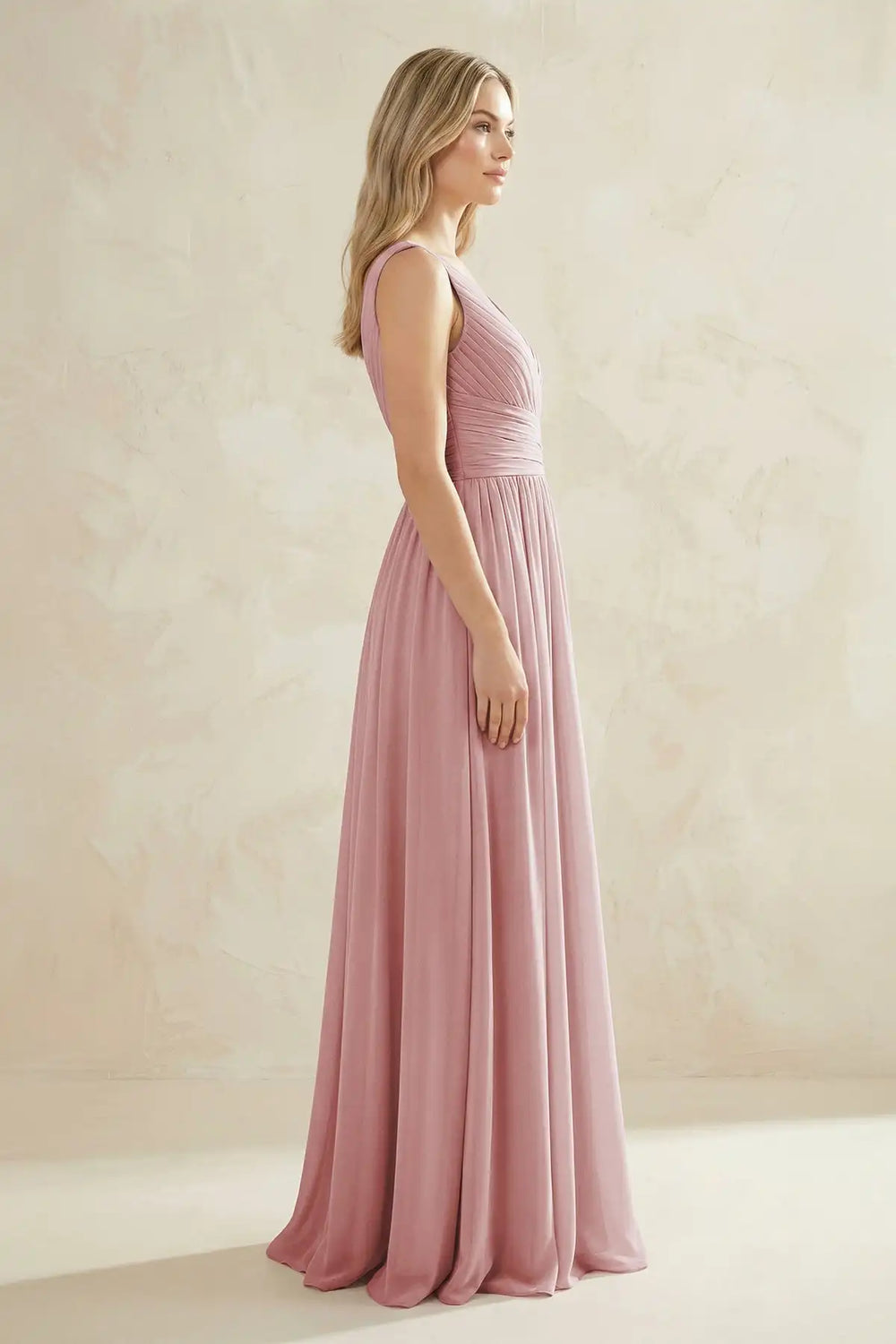 Deep V-Neck Sleeveless Chiffon A-Line Maxi Gown | Pleated Formal Wedding Guest Dress
