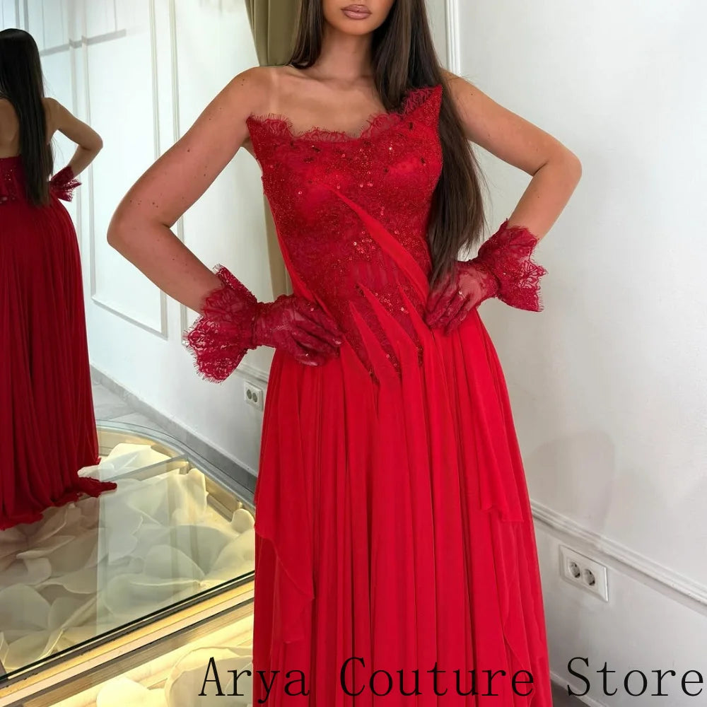 Red Wedding Guest Formal Dress Strapless Scalloped Lace Neckline Sparkly Sequin Embellished Bodice Cascading Draped Chiffon