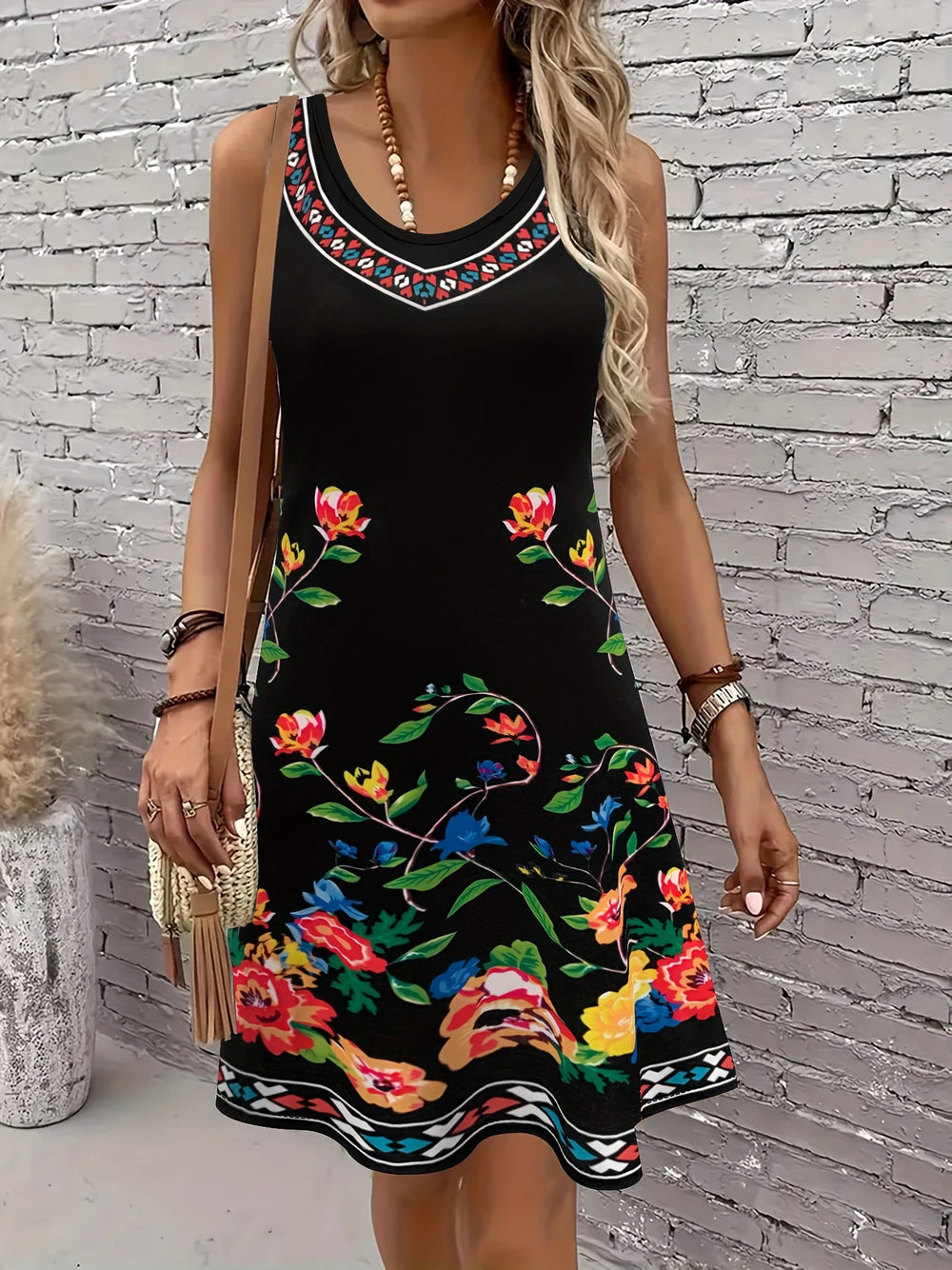 Women's Floral Sleeveless A-Line Dress | Scoop Neck | Braviixx