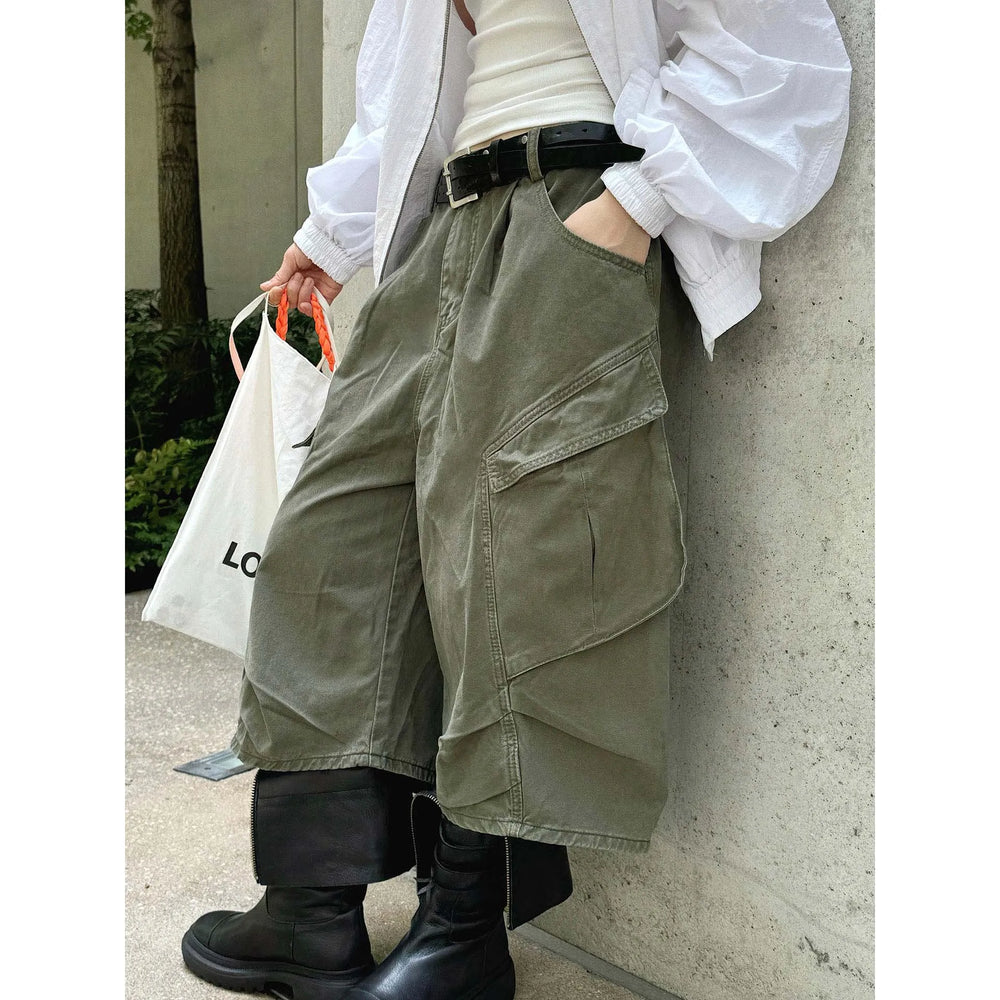 HanOrange 2026 Summer High Waist 3D Pleated Pocket Calf-Length Jeans Women Loose Cropped Denim Capris Military Green/Blue