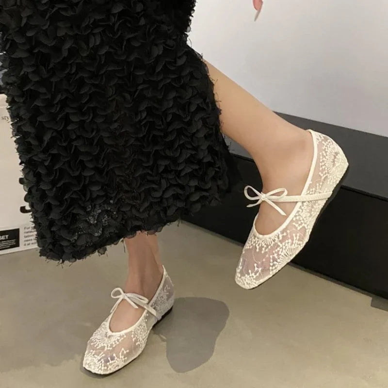 2025 Summer New Women Flats Shoes Square Head Shallow Mouth Women Shoes Fashion Bow Ballet Flat Shoes for Women Zapatos De Mujer