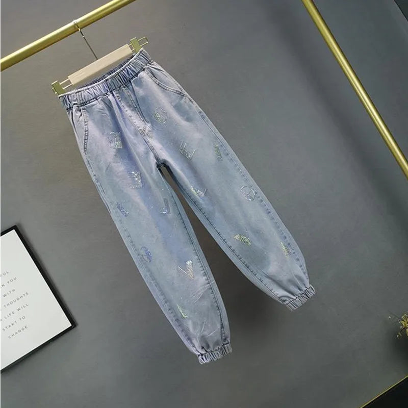 High waisted Jeans For Summer 2026 New Loose Elastic waist Hot pressed Diamond Pants Women's Casual Denim Trousers