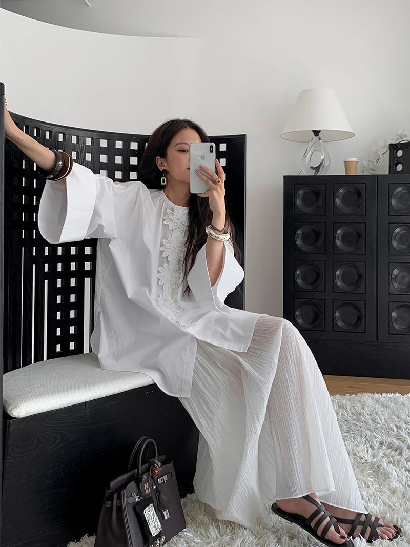 CHEERART Designer Cotton White Oversized Shirt For Woman Applique Half Sleeve Button Up Shirts Blouse 2026 Fashion Clothes