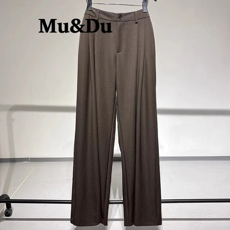 2026 Fall Winter Elegant Gray Suits Pants for Women Office Lady High Waist Wide Leg Fashion Trousers with Pockets Black Pant