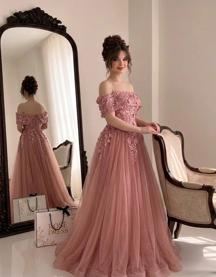 Bridesmaid Garden Wedding Guest Maxi Gown Dusty Pink Off Shoulder 3D Floral Appliqué Tulle A Line Floor Length Formal Prom Eveni