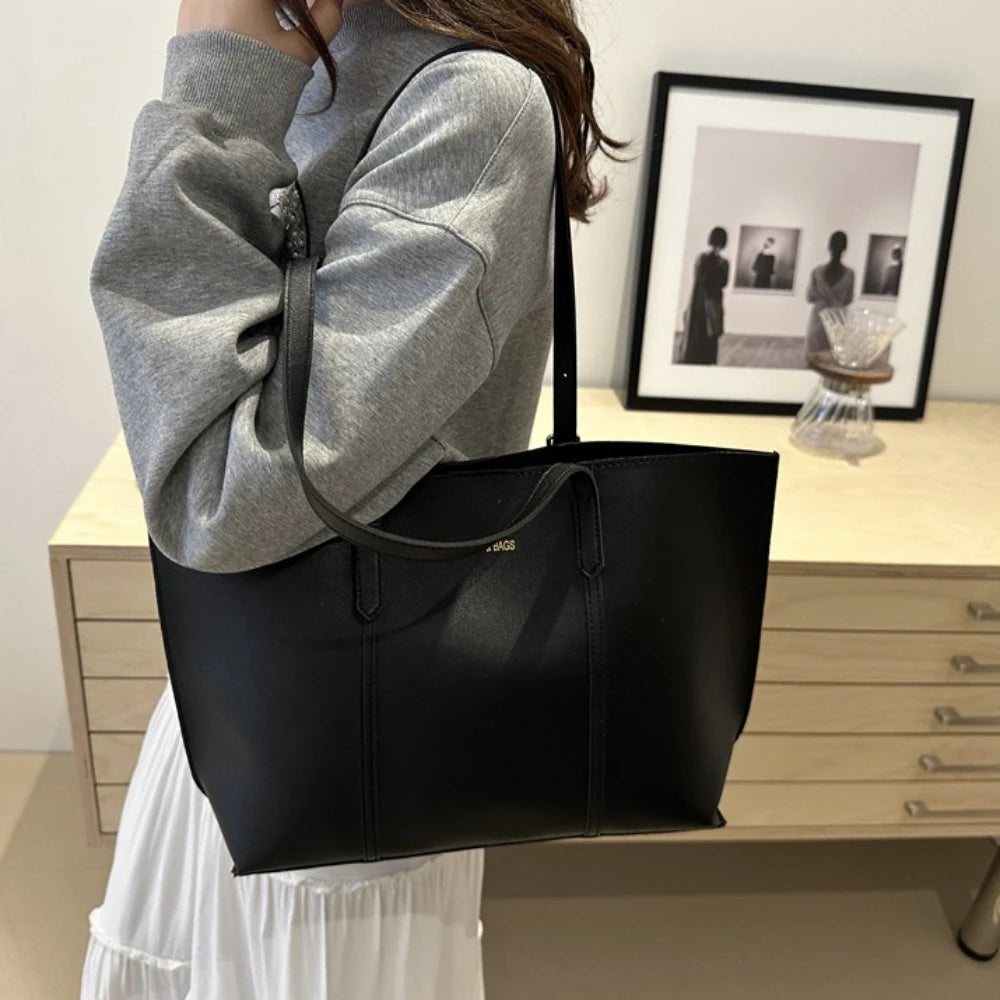 Women's Large Capacity Soft PU Tote Bag 2-Piece Set | Shoulder · Zipper Pouch | 5 Colours | Braviixx