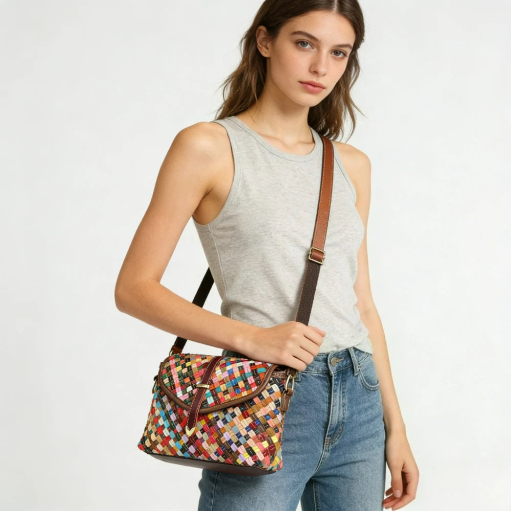 Women's Bohemian Rainbow Woven Genuine Leather Crossbody Bag | Ethnic Patchwork · Pillow Shape · Multicolour | Braviixx