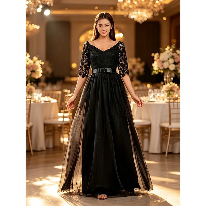 V-Neck Off Shoulder Lace Tulle A-Line Maxi Gown | Bridesmaid & Wedding Guest Dress
