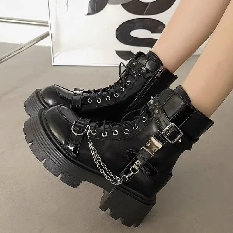 Women's Gothic Platform Ankle Boots – Punk Rivet Lace-Up Motorcycle Boots