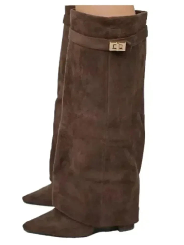 2025Autumn and Winter New Pointed Metal Buckle Knee High Women's Boots, Thick High-heeled Pants Boots, Fashionable Mid Leg Boots