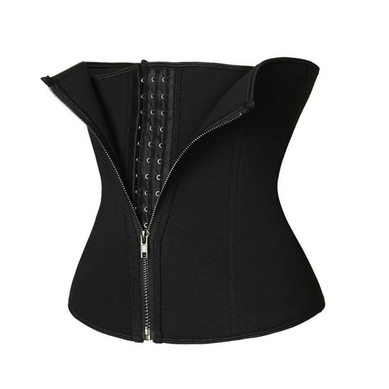Black waist corset with its front zipper open to reveal rows of hooks.