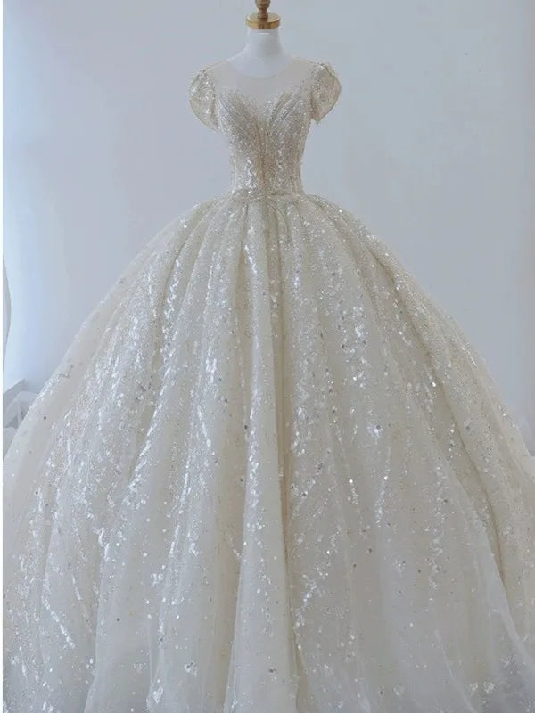 Lace & Beaded Wedding Ball Gown | Cap Sleeves | Braviixx