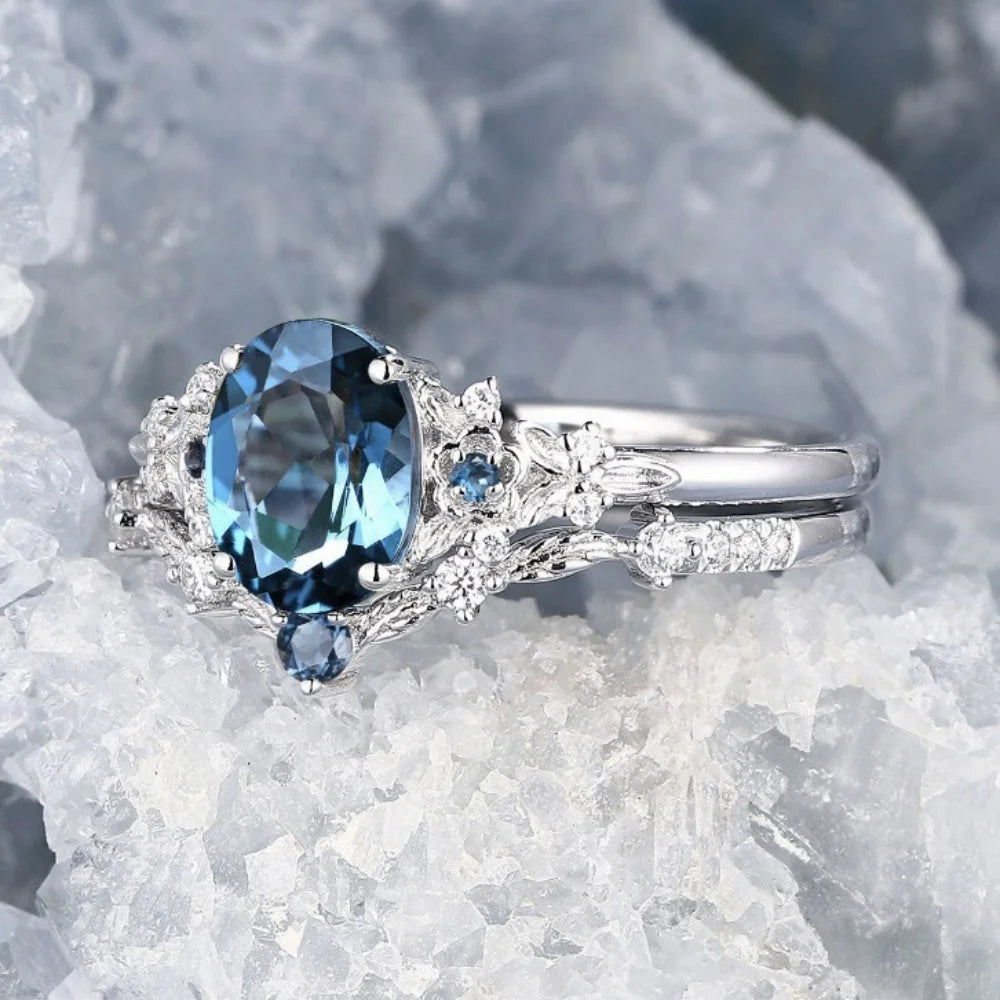 Women's Blue Stone Ring Set | Oval Floral Ring & V-Shaped Band | Braviixx