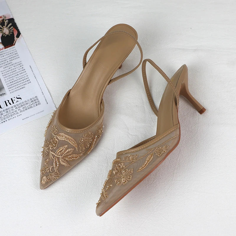 Luxury Brand High Heels Women Sandals Mesh Embroider Elegant Pointed Ladies Slingback Evening Party Wedding Bridal Dress Shoes