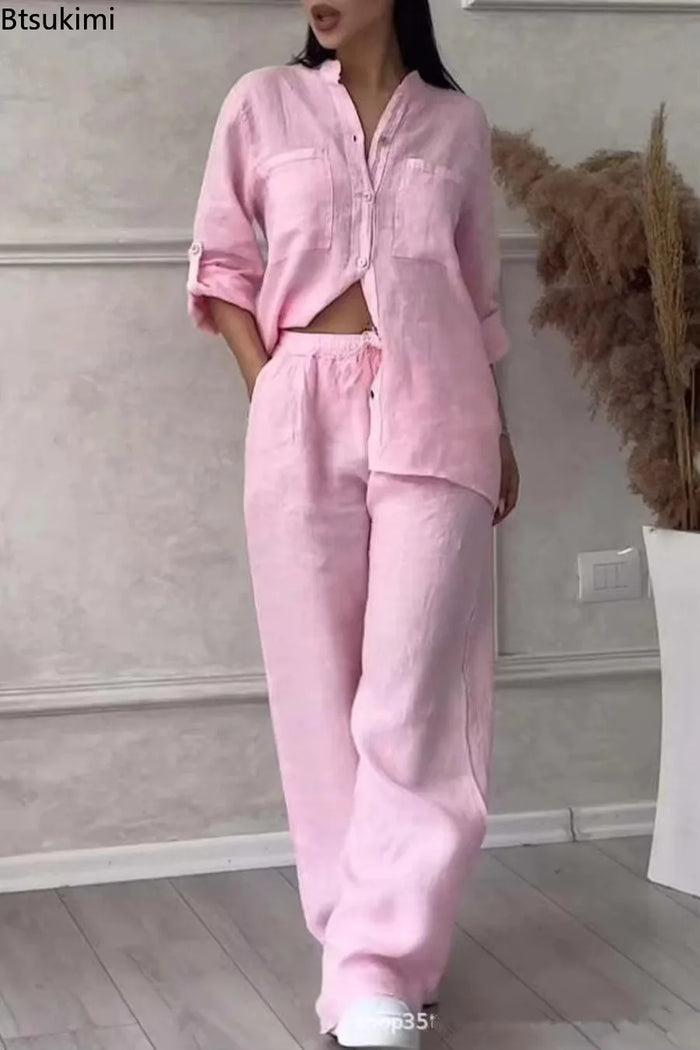 2026 Women Wide Leg Pants with Shirt Two Piece Sets Versatile Loose Casual Suits Chic Comfy Cotton Linen Streetwear Sets Femme