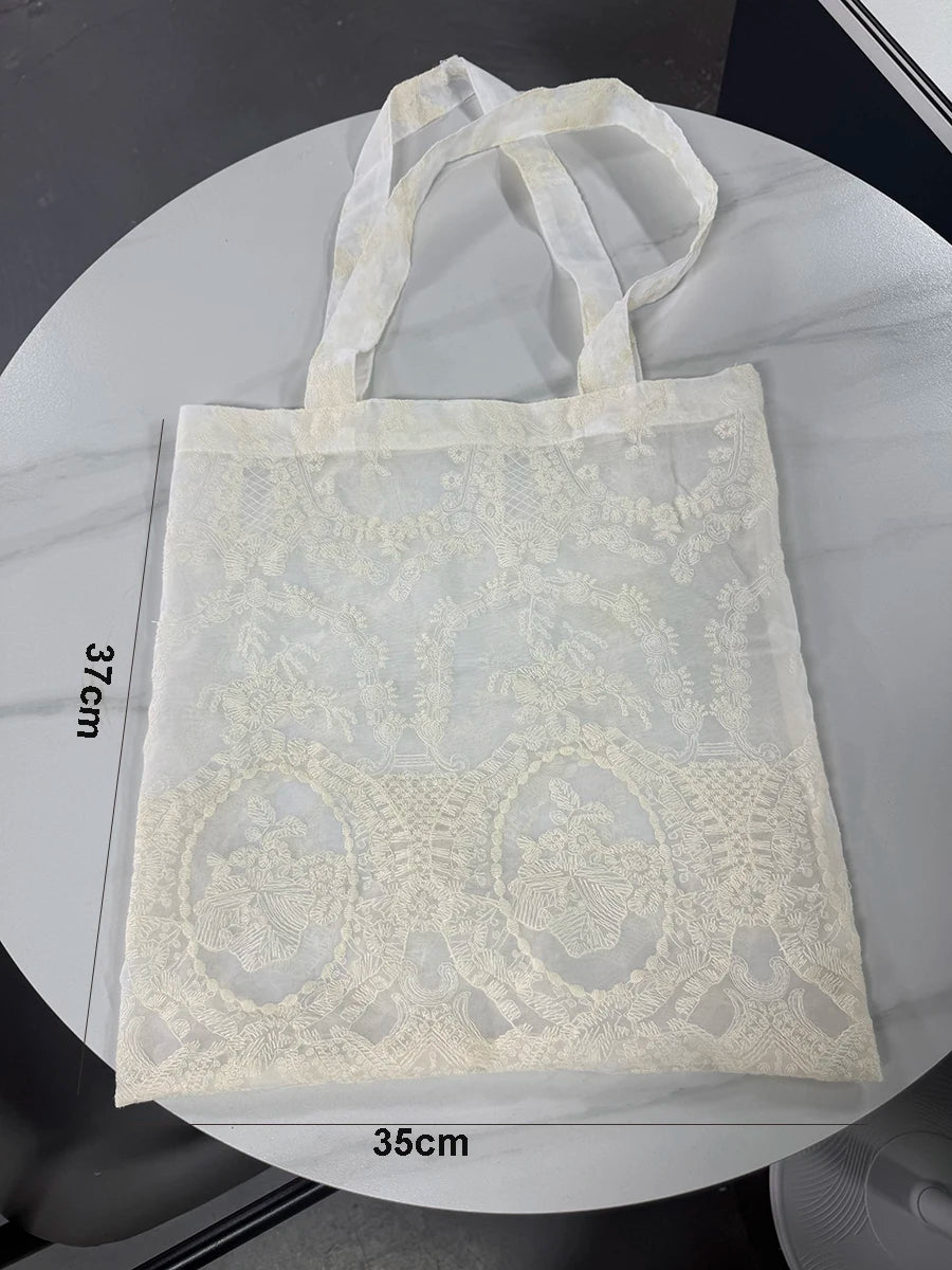 Floral Embroidered Sheer Tote Bag | Ivory Lace-Look Design | Braviixx
