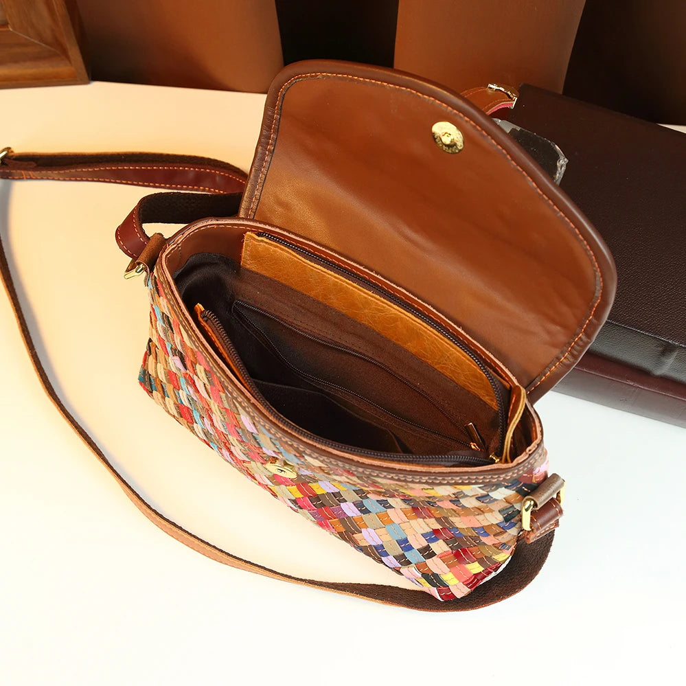 Women's Bohemian Rainbow Woven Genuine Leather Crossbody Bag | Ethnic Patchwork · Pillow Shape · Multicolour | Braviixx