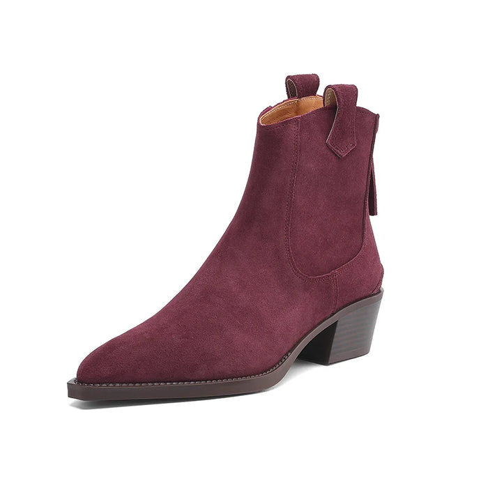 New 2025 Trend Autumn Winter Cow Suede Women Western Boots Black Brown Khaki Purple Green Burgundy Pointed Toe Lady Ankle Boots