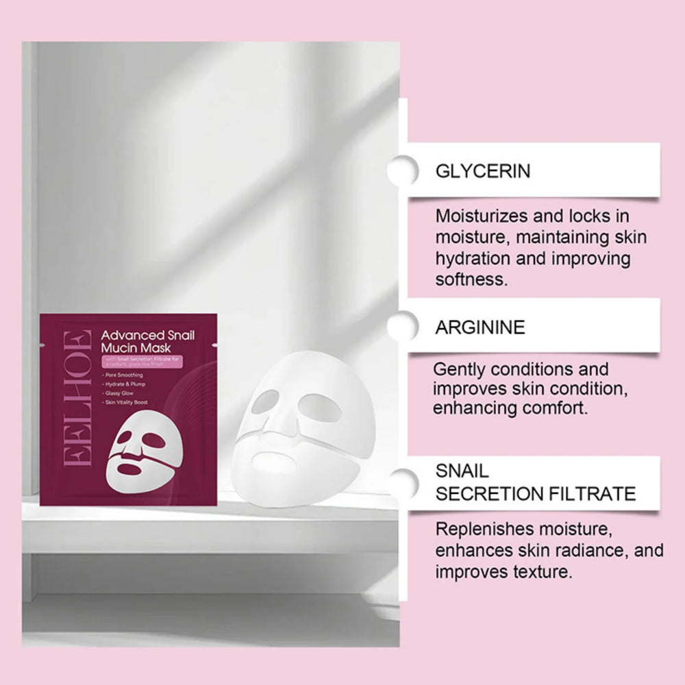 Snail Mucin Face Mask Hydrating Plump Glow Pore Smoothing Sheet Mask Snail Secretion Filtrate Glass Skin Brightens Complexion
