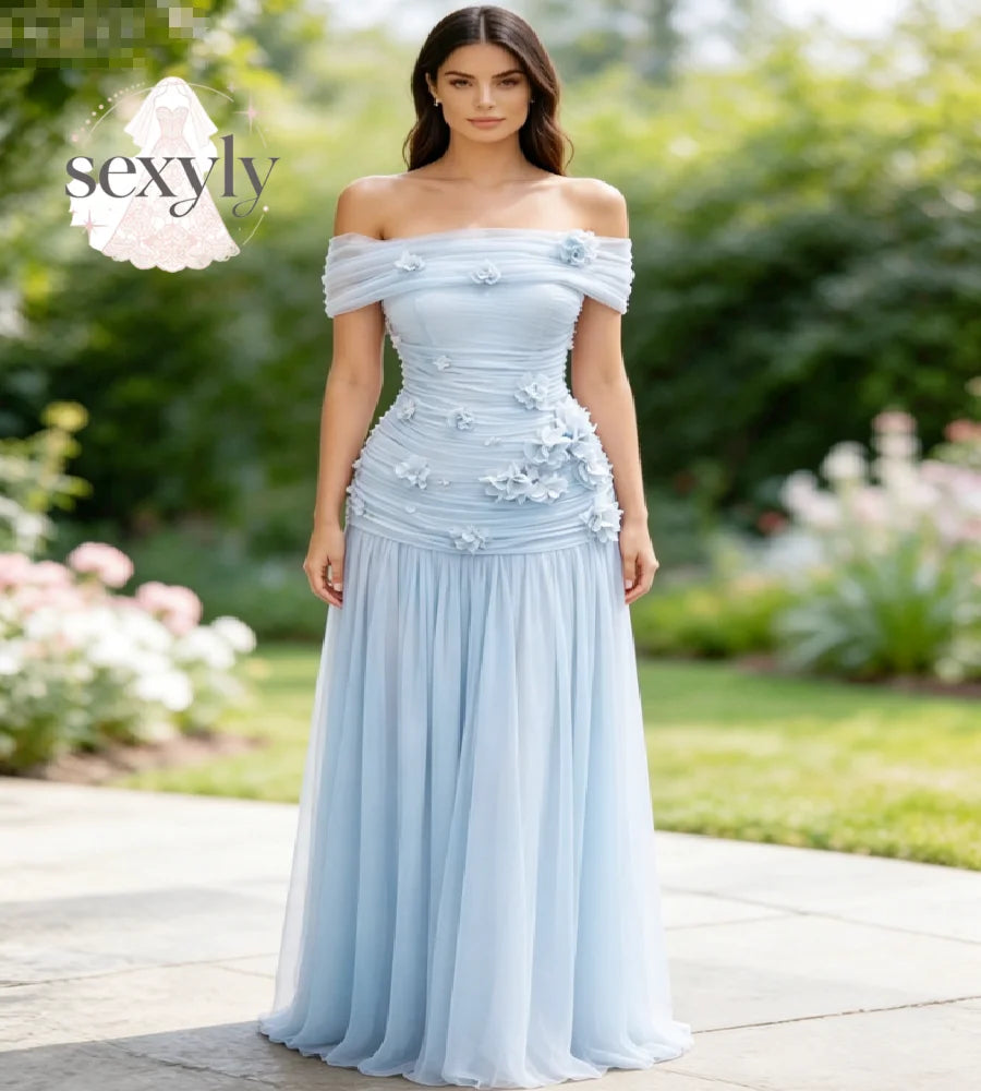Off Shoulder 3D Floral Appliqué Ruched Chiffon Maxi Gown | Formal Evening & Prom Dress