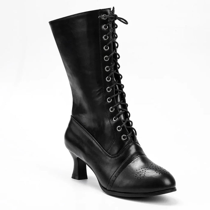 Women's Black Lace-Up Calf Boots | Vintage-Inspired Heel | Braviixx