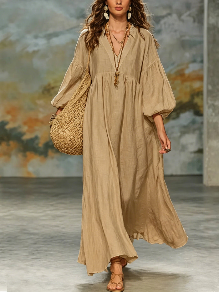 Women Bohemian Linen Maxi Dress V Neck Puff 3/4 Sleeve Loose Flowy Long Dress Casual Beach Vacation Sundress