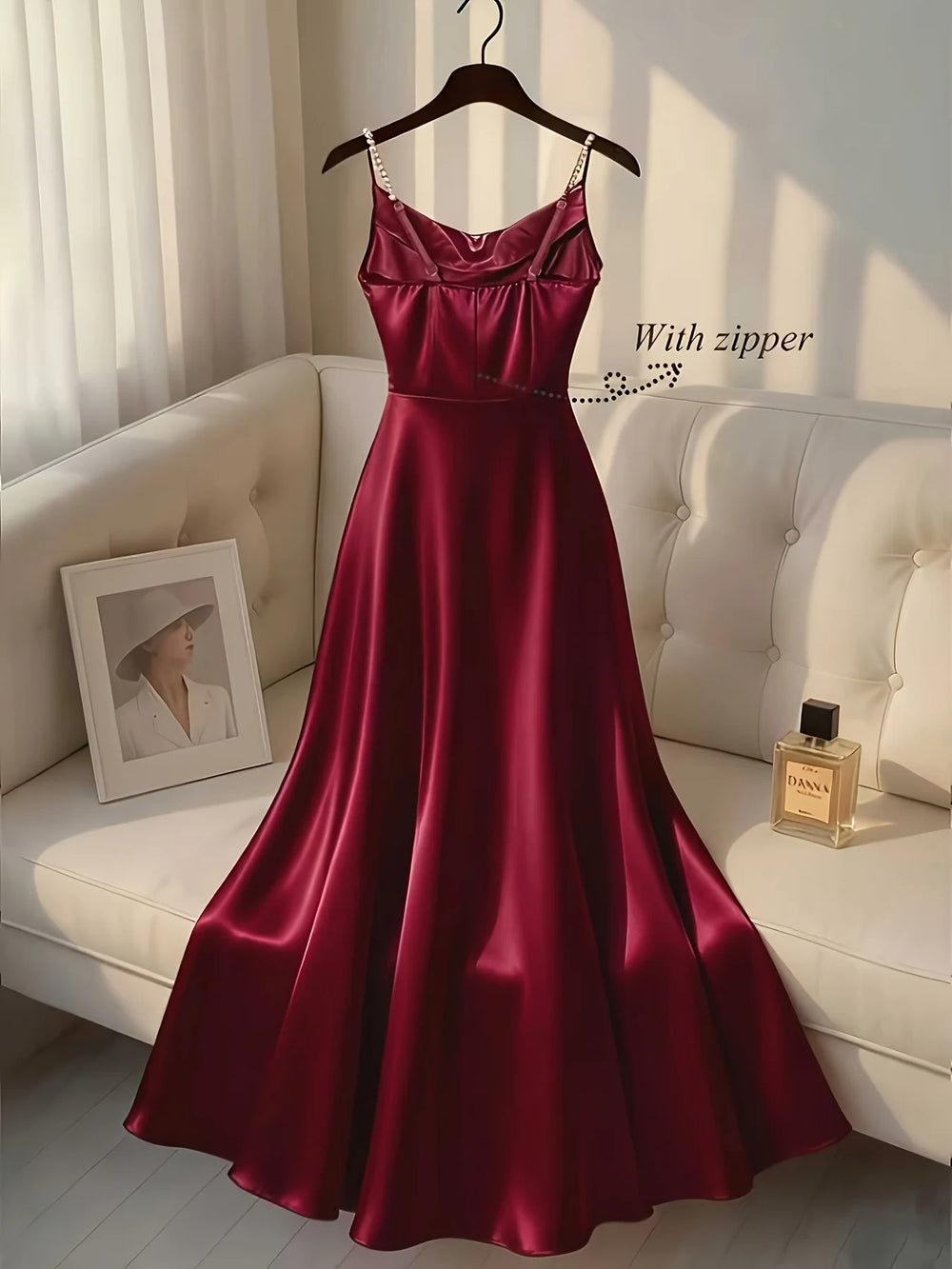 Pearl Strap Satin Slip Retro Dress. Simple in Design, Stylish and Elegant, Ideal for Parties, Weddings, Dates and Daily Commutin