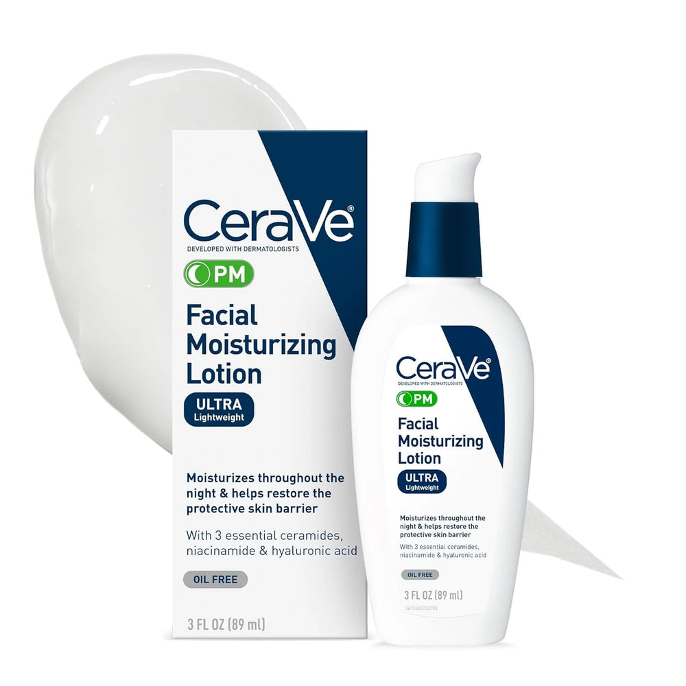 CeraVe PM Facial Moisturizing Lotion with Hyaluronic Acid & Niacinamide,Ultra-Lightweight,Oil-Free Moisturizer for Face,3 Ounce
