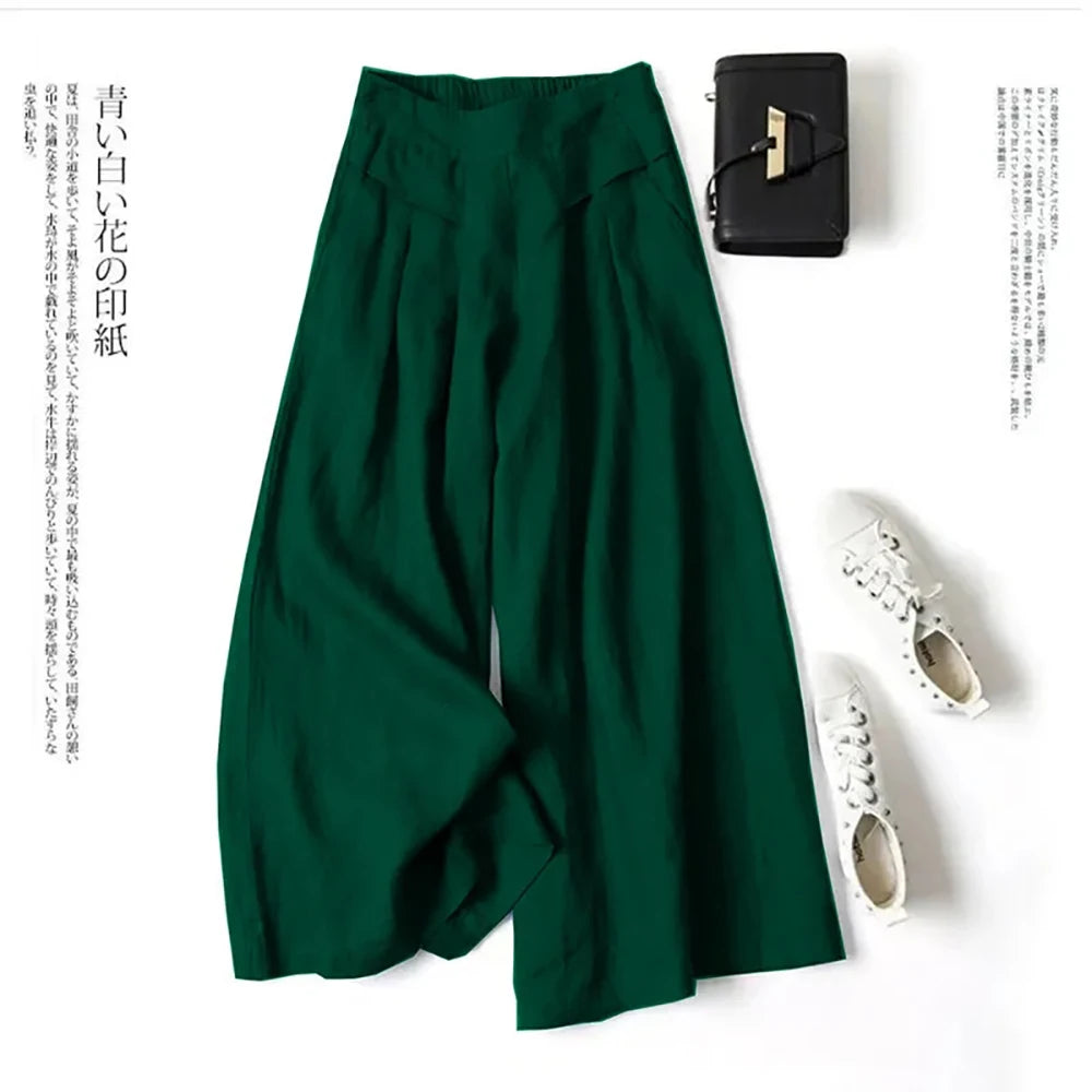 2026 Summer Women's Culottes Cotton Linen Cropped Wide Leg Pants Elastic Waist Casual Palazzo Clean Fit Trousers with Pockets