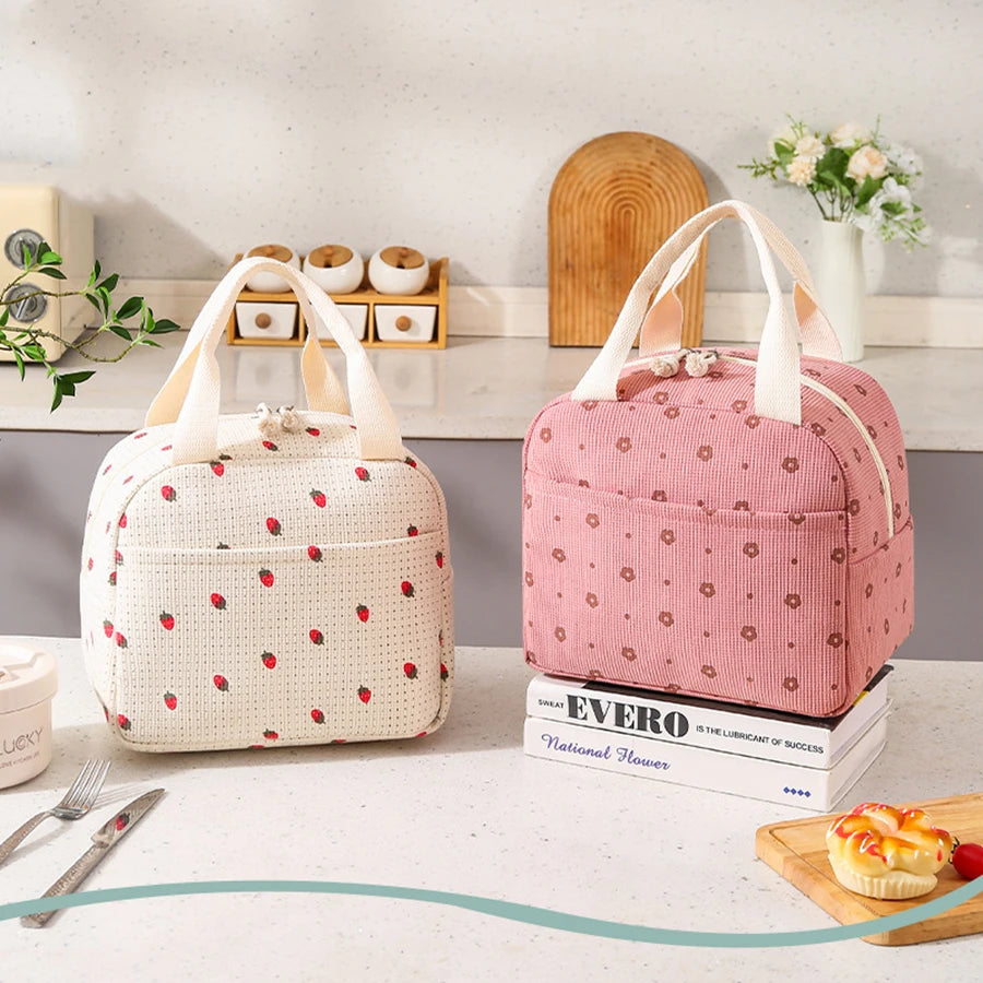 Printed Insulated Lunch Bag | Corduroy-Texture Carry Tote | Braviixx
