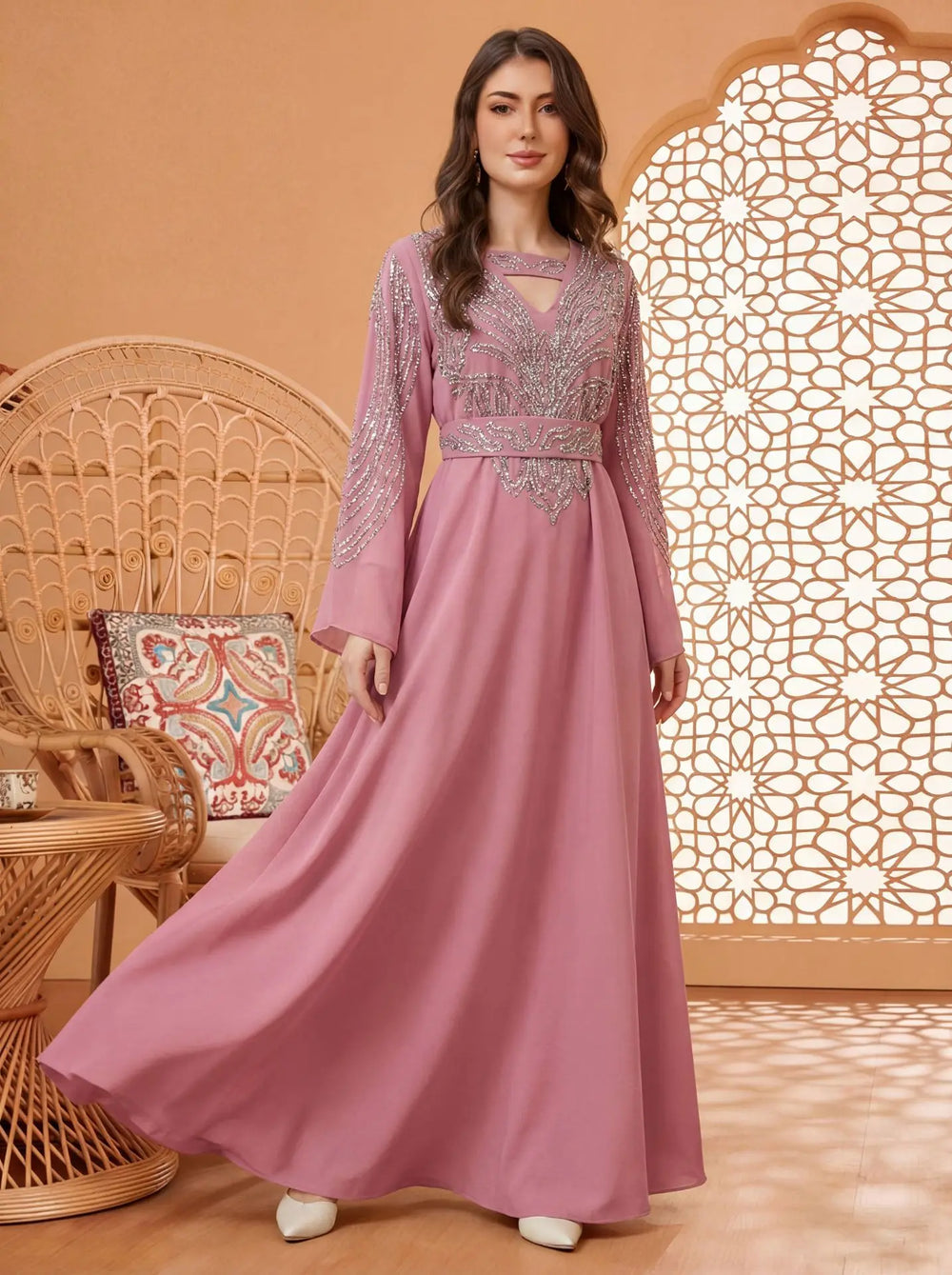 Embellished Kaftan Dress | Bell Sleeves & Tie Waist | Braviixx