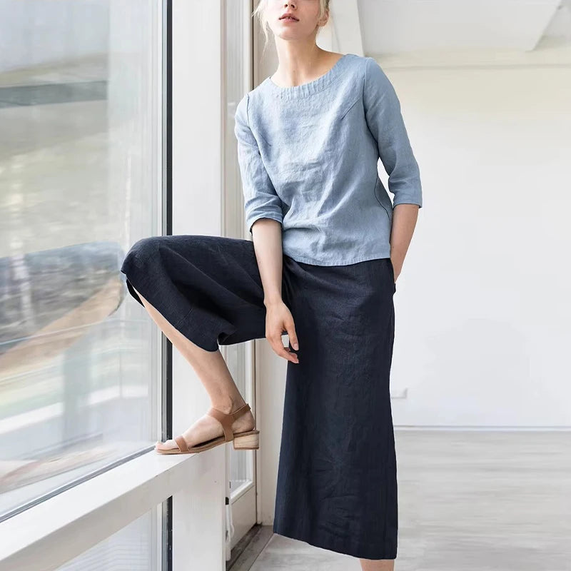 Women's 100% Linen Wide-Legged Pants Casual Loose Fit Summer 2026 Elastic Waist Harajuku Retro Linen Trousers Female Clothing