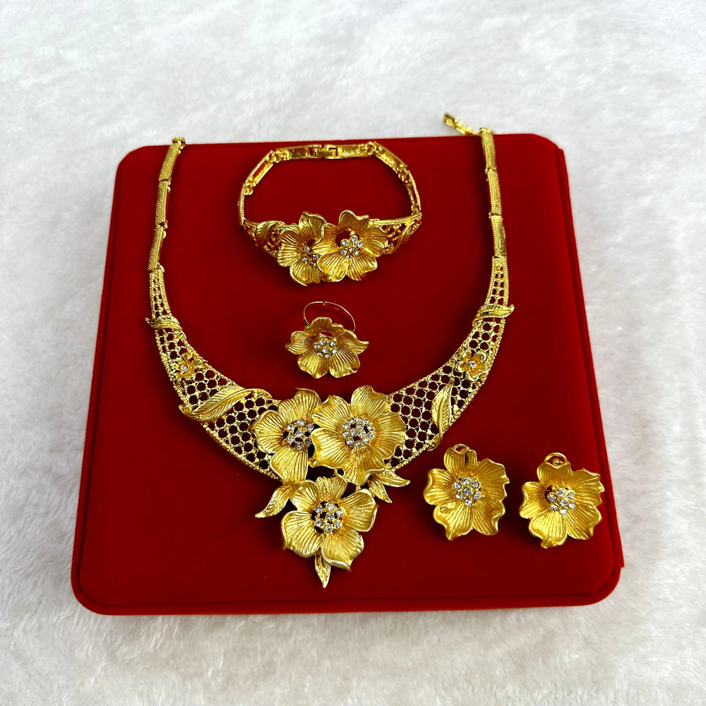 Gold-Tone Bridal Jewelry Set | Necklace, Earrings, Bracelet & Ring | Braviixx