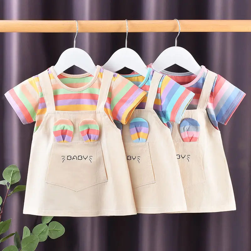Girls' Colorful Striped A-Line Dress | Short-Sleeve Toddler Dress | 12M–6Y | Braviixx