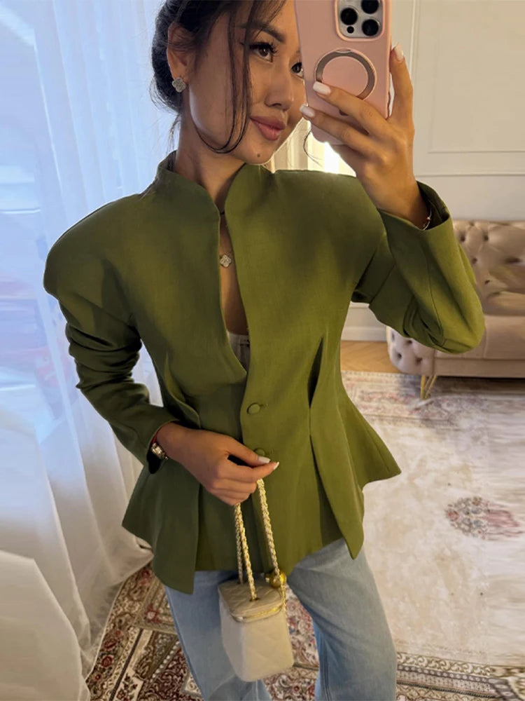 Elegant Stand Collar Blazer Women Solid Full Sleeve Button Pleated Slim Jackets 2026 Fashion Spring Waist-closed Coat Lady