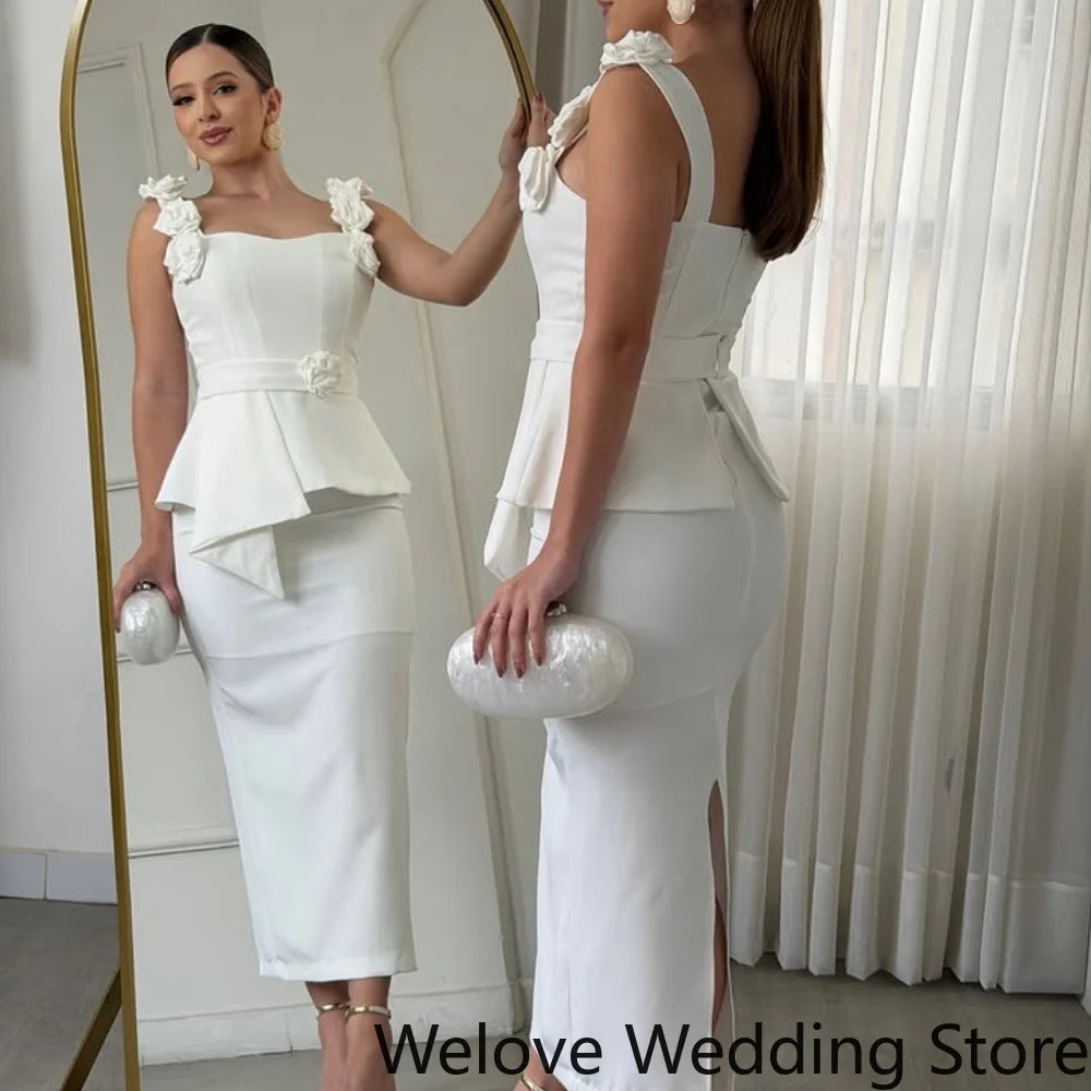 Customized Elegant White Wedding Guest Cocktail Dress 3D Flower Decorated Shoulder Straps Corset Bodice Floral Waist