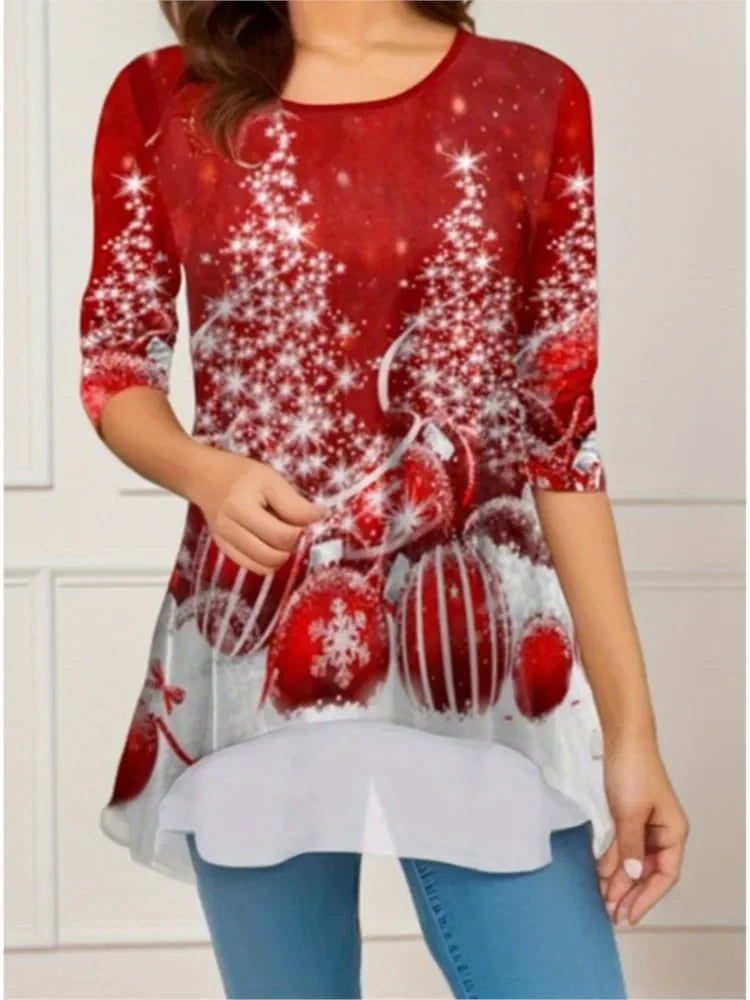 Women's Christmas Print Tunic Top | Asymmetric Hem | Braviixx